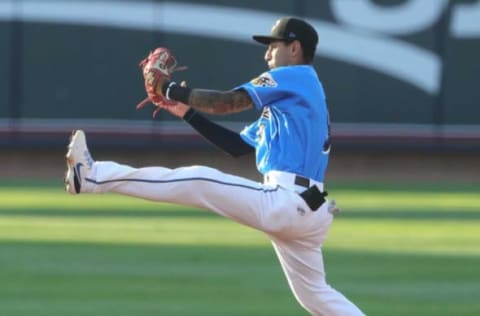 Akron RubberDucks shortstop Brayan Rocchio makes a leaping catch on a line drive by Altoona’s Cal Mitchell on Wednesday, Aug. 4, 2021 in Akron, Ohio, at Canal Park. [Phil Masturzo/ Beacon Journal]Ducks Rocchio 1