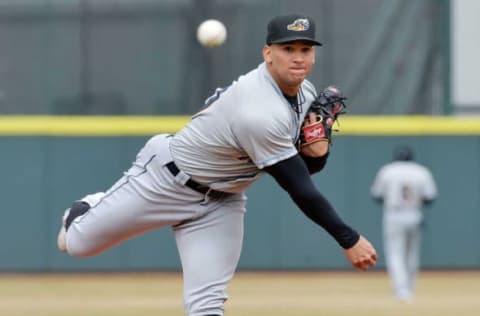 Akron RubberDucks pitcher Daniel Espino warms up between innings against the Erie SeaWolves at UPMC Park in Erie on April 9, 2022.P7seawolves040922