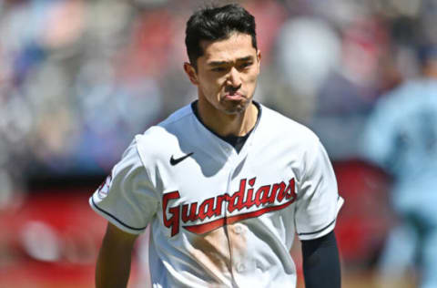 May 7, 2022; Cleveland, Ohio, USA; Cleveland Guardians right fielder Steven Kwan (38) walks off the field during the third inning against the Toronto Blue Jays at Progressive Field. Mandatory Credit: Ken Blaze-USA TODAY Sports