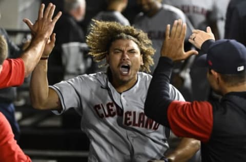 May 9, 2022; Chicago, Illinois, USA; Cleveland Guardians right fielder Josh Naylor (22) celebrates in the dugout after hitting a three run home run against the Chicago White Sox during the eleventh inning at Guaranteed Rate Field. Mandatory Credit: Matt Marton-USA TODAY Sports