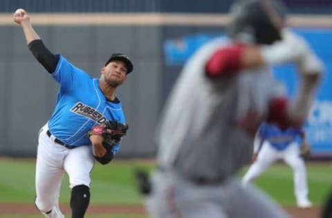 Akron RubberDucks starting pitcher Daniel Espino throws against the Altoona Curve during the first inning of a MiLB baseball game at Canal Park on Friday.Ducksespino 1