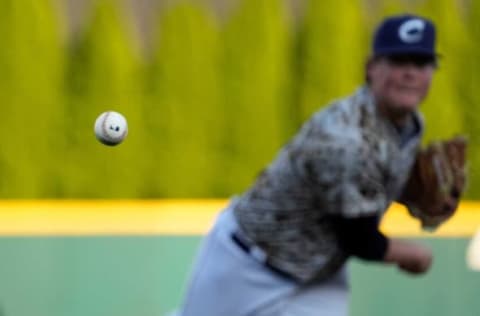 Columbus Clippers pitcher Peyton Battenfield (43) delivers a pitch during the Minor League Baseball game at Huntington Park in Columbus on May 11, 2022.Milb St Paul At Columbus