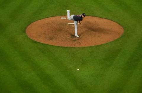 Jun 3, 2022; Baltimore, Maryland, USA; Cleveland Guardians starting pitcher Shane Bieber (57) delivers a sixth inning pitch against the Baltimore Orioles at Oriole Park at Camden Yards. Mandatory Credit: Tommy Gilligan-USA TODAY Sports