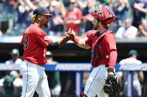 Jun 12, 2022; Cleveland, Ohio, USA; Cleveland Guardians relief pitcher Emmanuel Clase (48) celebrate with catcher Austin Hedges (17) after the Guardians beat the Oakland Athletics at Progressive Field. Mandatory Credit: Ken Blaze-USA TODAY Sports