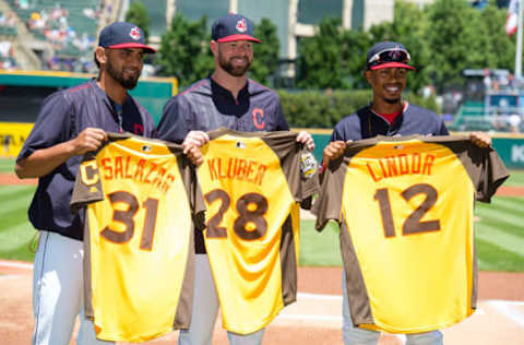 CLEVELAND, OH – JULY 10: Danny Salazar #31 Corey Kluber #28 and Francisco Lindor #12 of the Cleveland Indians show off their All Star jerseys prior to the game against the New York Yankees at Progressive Field on July 10, 2016 in Cleveland, Ohio. The Yankees defeated the Indians 11-7. (Photo by Jason Miller/Getty Images)