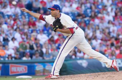 Jun 3, 2017; Philadelphia, PA, USA; Philadelphia Phillies relief pitcher Jeanmar Gomez (46) pitches during the ninth inning against the San Francisco Giants at Citizens Bank Park. Mandatory Credit: Bill Streicher-USA TODAY Sports