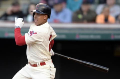 May 3, 2016; Cleveland, OH, USA; Cleveland Indians left fielder Michael Brantley (23) hits an RBI single during the third inning against the Detroit Tigers at Progressive Field. Mandatory Credit: Ken Blaze-USA TODAY Sports