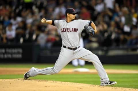 Sep 12, 2016; Chicago, IL, USA; Cleveland Indians starting pitcher Carlos Carrasco (59) pitches against the Chicago White Sox during the first inning at U.S. Cellular Field. Mandatory Credit: Patrick Gorski-USA TODAY Sports