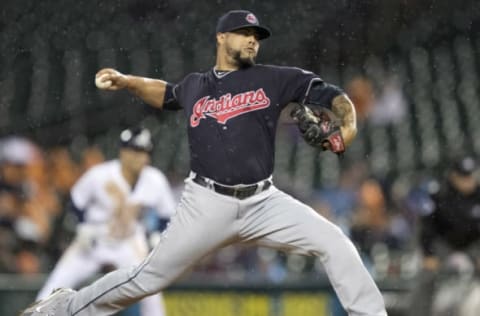 Sep 28, 2016; Detroit, MI, USA; Cleveland Indians relief pitcher Joe Colon (65) pitches the ball during the fifth inning against the Detroit Tigers at Comerica Park. Game called for bad weather after 5 innings. Tigers win 6-3. Mandatory Credit: Raj Mehta-USA TODAY Sports