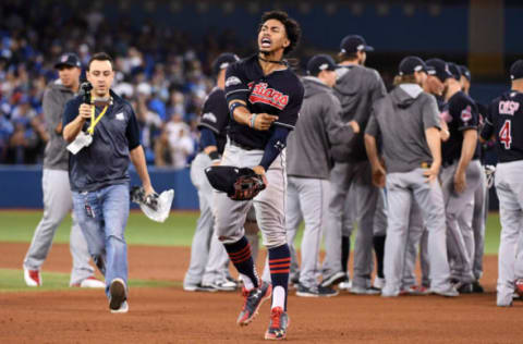 Oct 19, 2016; Toronto, Ontario, CAN; Cleveland Indians shortstop Francisco Lindor (12) celebrates beating the Toronto Blue Jays in game five of the 2016 ALCS playoff baseball series at Rogers Centre. Mandatory Credit: Nick Turchiaro-USA TODAY Sports