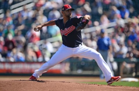 Mar 11, 2017; Goodyear, AZ, USA; Cleveland Indians starting pitcher Danny Salazar (31) pitches against the Kansas City Royals during the first inning at Goodyear Ballpark. Mandatory Credit: Joe Camporeale-USA TODAY Sports