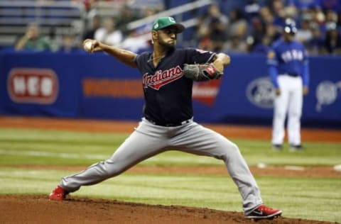 Mar 17, 2017; San Antonio, TX, USA; Cleveland Indians starting pitcher Danny Salazar (31) throws to the plate against the Texas Rangers in the third inning during a spring exhibition baseball game at Alamodome. Mandatory Credit: Soobum Im-USA TODAY Sports