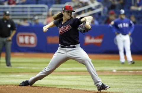 Mar 18, 2017; San Antonio, TX, USA; Cleveland Indians starting pitcher Mike Clevinger (52) deliver a pitch against the Texas Rangers during a spring exhibition baseball game at Alamodome. Mandatory Credit: Soobum Im-USA TODAY Sports