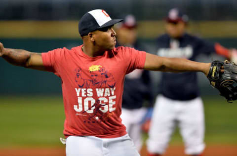 Oct 13, 2016; Cleveland, OH, USA; Cleveland Indians third baseman Jose Ramirez (11) works out one day prior to game one of the ALCS at Progressive Field. Mandatory Credit: Ken Blaze-USA TODAY Sports