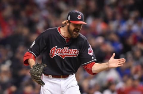 Oct 25, 2016; Cleveland, OH, USA; Cleveland Indians relief pitcher Andrew Miller reacts after striking out Chicago Cubs catcher David Ross (not pictured) to end the top of the 7th inning in game one of the 2016 World Series at Progressive Field. Mandatory Credit: Ken Blaze-USA TODAY Sports