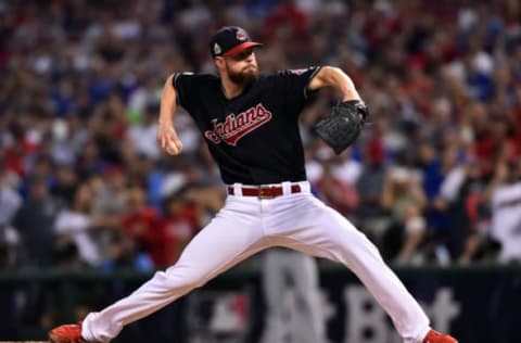 Nov 2, 2016; Cleveland, OH, USA; Cleveland Indians starting pitcher Corey Kluber throws a pitch against the Chicago Cubs in the first inning in game seven of the 2016 World Series at Progressive Field. Mandatory Credit: Ken Blaze-USA TODAY Sports