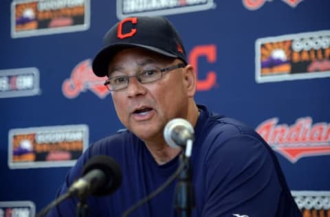 Feb 17, 2017; Goodyear, AZ, USA; Cleveland Indians manager Terry Francona speaks with members of the media after a workout at the Goodyear Ballpark practice fields. Mandatory Credit: Joe Camporeale-USA TODAY Sports