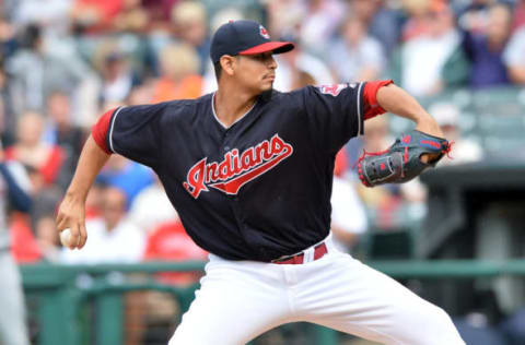 Sep 17, 2016; Cleveland, OH, USA; Cleveland Indians starting pitcher Carlos Carrasco (59) throws a pitch during the first inning against the Detroit Tigers at Progressive Field. Mandatory Credit: Ken Blaze-USA TODAY Sports