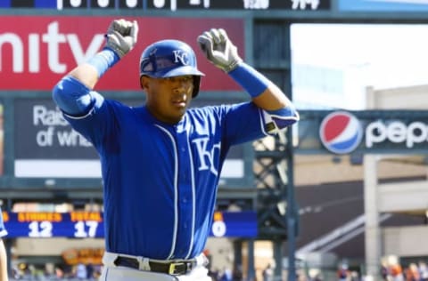 Sep 25, 2016; Detroit, MI, USA; Kansas City Royals catcher Salvador Perez (13) celebrates after a two-run home run in the first inning against the Detroit Tigers at Comerica Park. Mandatory Credit: Rick Osentoski-USA TODAY Sports