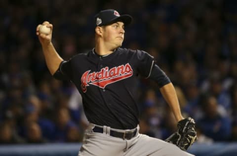 Oct 30, 2016; Chicago, IL, USA; Cleveland Indians starting pitcher Trevor Bauer (47) delivers a pitch against the Chicago Cubs during the first inning in game five of the 2016 World Series at Wrigley Field. Mandatory Credit: Jerry Lai-USA TODAY Sports