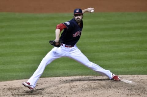 Nov 2, 2016; Cleveland, OH, USA; Cleveland Indians relief pitcher Andrew Miller throws a pitch against the Chicago Cubs in the fifth inning in game seven of the 2016 World Series at Progressive Field. Mandatory Credit: David Richard-USA TODAY Sports