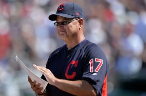 Mar 19, 2017; Goodyear, AZ, USA; Cleveland Indians manager Terry Francona (17) reacts during the third inning against the Arizona Diamondbacks at Goodyear Ballpark. Mandatory Credit: Jake Roth-USA TODAY Sports