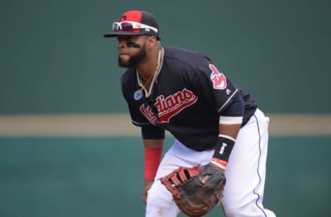 Mar 25, 2017; Goodyear, AZ, USA; Cleveland Indians first baseman Carlos Santana (41) covers the bag against the Chicago White Sox during the second inning at Goodyear Ballpark. Mandatory Credit: Joe Camporeale-USA TODAY Sports