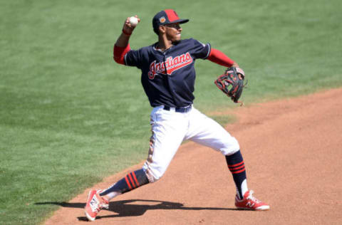 Mar 25, 2017; Goodyear, AZ, USA; Cleveland Indians shortstop Francisco Lindor (12) throws to first base against the Chicago White Sox during the fifth inning at Goodyear Ballpark. Mandatory Credit: Joe Camporeale-USA TODAY Sports