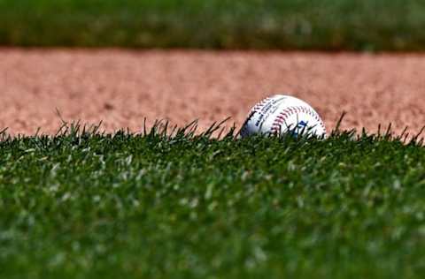 May 6, 2017; Kansas City, MO, USA; A general view of a baseball on the field prior to a game between the Kansas City Royals and the Cleveland Indians at Kauffman Stadium. Mandatory Credit: Peter G. Aiken-USA TODAY Sports