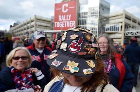 Oct 25, 2016; Cleveland, OH, USA; Cleveland Indians fan Susan Thwaite shows off her pin collection on her hat before game one of the 2016 World Series against the Chicago Cubs at Progressive Field. Mandatory Credit: Tommy Gilligan-USA TODAY Sports