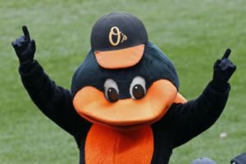 Oct 1, 2015; Baltimore, MD, USA; Baltimore Orioles mascot “Oriole Bird” sheers in the stands against the Toronto Blue Jays in the fourth inning at Oriole Park at Camden Yards. The Orioles won 6-4. Mandatory Credit: Geoff Burke-USA TODAY Sports