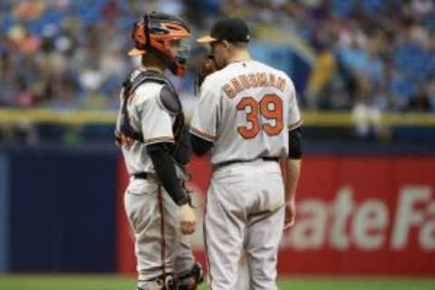 Sep 20, 2015; St. Petersburg, FL, USA; Baltimore Orioles catcher Caleb Joseph (36) talks with starting pitcher Kevin Gausman (39) on the mound during the fifth inning against the Tampa Bay Rays at Tropicana Field. Mandatory Credit: Kim Klement-USA TODAY Sports