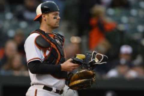 Oct 4, 2015; Baltimore, MD, USA; Baltimore Orioles catcher Matt Wieters (32) stands at home plate during the eighth inning against the New York Yankees at Oriole Park at Camden Yards. The Orioles won 9-4. Mandatory Credit: Tommy Gilligan-USA TODAY Sports