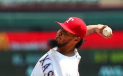 Aug 27, 2015; Arlington, TX, USA; Texas Rangers starting pitcher Yovani Gallardo (49) pitches against the Toronto Blue Jays at Globe Life Park in Arlington. Rangers won 4-1. Mandatory Credit: Ray Carlin-USA TODAY Sports