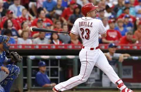 Aug 20, 2016; Cincinnati, OH, USA; Cincinnati Reds left fielder Adam Duvall hits a three-run home run against the Los Angeles Dodgers during the first inning at Great American Ball Park. Mandatory Credit: David Kohl-USA TODAY Sports