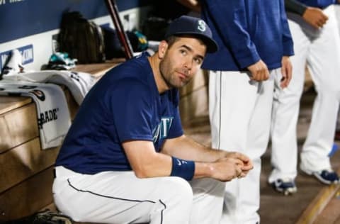 Sep 29, 2016; Seattle, WA, USA; Seattle Mariners right fielder Seth Smith (7) sits in the dugout before the first inning against the Oakland Athletics at Safeco Field. Seattle defeated Oakland, 3-2. Mandatory Credit: Joe Nicholson-USA TODAY Sports