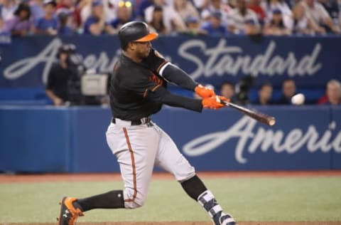 TORONTO, ON – JULY 20: Jonathan Schoop #6 of the Baltimore Orioles hits a solo home run to tie the game in the ninth inning during MLB game action against the Toronto Blue Jays at Rogers Centre on July 20, 2018 in Toronto, Canada. (Photo by Tom Szczerbowski/Getty Images)