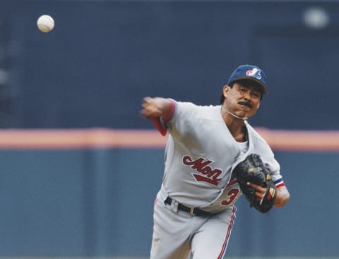 Dennis Martinez pitching for the Montreal Expos during the Major League Baseball National League West game against the San Diego Padres on 25 July 1993 at Jack Murphy Stadium, San Diego, California, United States. The Expos won the game 5 – 4. (Photo by Jed Jacobsohn/Allsport/Getty Images)