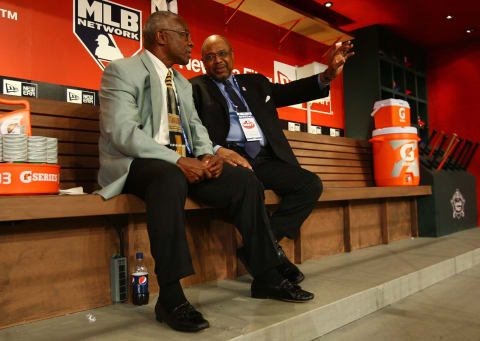 SECAUCUS, NJ – JUNE 07: Team representative of the Baltimore Orioles Al Bumbry speaks with Hall of Famer Bob Watson during the MLB First Year Player Draft on June 7, 2010 held in Studio 42 at the MLB Network in Secaucus, New Jersey. (Photo by Mike Stobe/Getty Images)