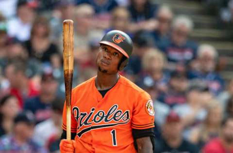 CLEVELAND, OH – AUGUST 18: Tim Beckham #1 of the Baltimore Orioles reacts after striking out to end the third inning against the Cleveland Indians at Progressive Field on August 18, 2018 in Cleveland, Ohio. (Photo by Jason Miller/Getty Images)