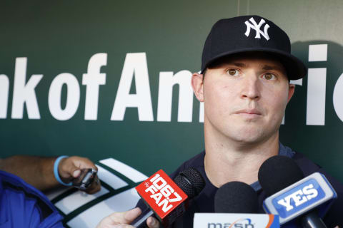 BALTIMORE, MD – AUGUST 24: Zach Britton #53 of the New York Yankees talks to members of the media before a game against the Baltimore Orioles at Oriole Park at Camden Yards on August 24, 2018 in Baltimore, Maryland. (Photo by Patrick McDermott/Getty Images)