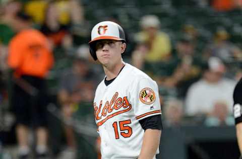 BALTIMORE, MD – SEPTEMBER 12: Chance Sisco #15 of the Baltimore Orioles reacts after striking out in the seventh inning against the Oakland Athletics at Oriole Park at Camden Yards on September 12, 2018 in Baltimore, Maryland. (Photo by Greg Fiume/Getty Images)