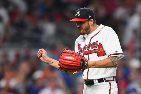 ATLANTA, GA – OCTOBER 07: Kevin Gausman #45 of the Atlanta Braves reacts in the third inning against the Los Angeles Dodgers during Game Three of the National League Division Series at SunTrust Park on October 7, 2018 in Atlanta, Georgia. (Photo by Scott Cunningham/Getty Images)