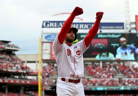 CINCINNATI, OHIO – MARCH 28: Jose Peraza #9 of the Cincinnati Reds celebrates after hitting a three run home run in the seventh inning of the game against the Pittsburgh Pirates on Opening Day at Great American Ball Park on March 28, 2019 in Cincinnati, Ohio. (Photo by Bobby Ellis/Getty Images)