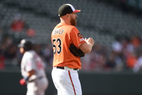 BALTIMORE, MD – APRIL 20: Dan Straily #53 of the Baltimore Orioles looks on after giving up solo home run to Willians Astudillo #64 of the Minnesota Twins in the first inning during game one of a doubleheader baseball game at Oriole Park at Camden Yards on April 20, 2019 in Washington, DC. (Photo by Mitchell Layton/Getty Images)