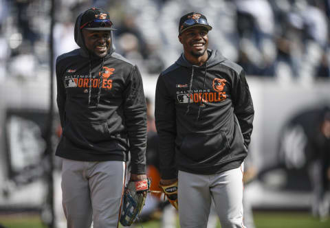 NEW YORK, NEW YORK – MARCH 28: Dwight Smith Jr. #35 and Cedric Mullins #3 of the Baltimore Orioles look on during batting practice before the game against the New York Yankees during Opening Day at Yankee Stadium on March 28, 2019 in the Bronx borough of New York City. (Photo by Sarah Stier/Getty Images)