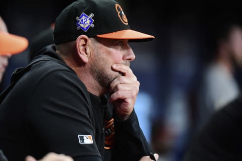 ST. PETERSBURG, FLORIDA – APRIL 16: Manager Brandon Hyde #18 of the Baltimore Orioles watches the action during the seventh inning against the Tampa Bay Rays Tropicana Field on April 16, 2019 in St. Petersburg, Florida. (Photo by Julio Aguilar/Getty Images)