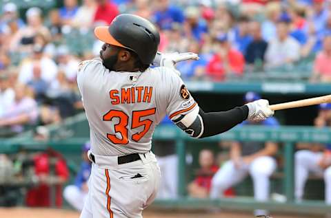 ARLINGTON, TX – JUNE 04: Dwight Smith Jr. #35 of the Baltimore Orioles hits a three run home run in the first inning against the Texas Rangers at Globe Life Park in Arlington on June 4, 2019 in Arlington, Texas. (Photo by Rick Yeatts/Getty Images)