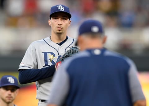 MINNEAPOLIS, MN – JUNE 25: Blake Snell #4 of the Tampa Bay Rays reacts as manager Kevin Cash #16 walks to the mound during the fourth inning of the game against the Minnesota Twins on June 25, 2019 at Target Field in Minneapolis, Minnesota. The Twins defeated the Rays 9-4. (Photo by Hannah Foslien/Getty Images)