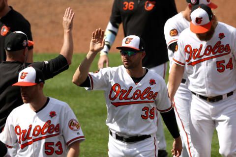 BALTIMORE, MARYLAND – MAY 27: Renato Nunez #39 of the Baltimore Orioles and members of the Orioles celebrate their 5-3 win over the Detroit Tigers at Oriole Park at Camden Yards on May 27, 2019 in Baltimore, Maryland. (Photo by Rob Carr/Getty Images)